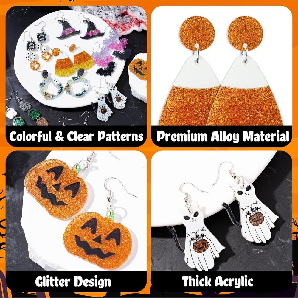 Halloween Glitter Acrylic Earrings Set 9 Pairs Festive Drop Dangle Jewelry - Picture 3 of 6